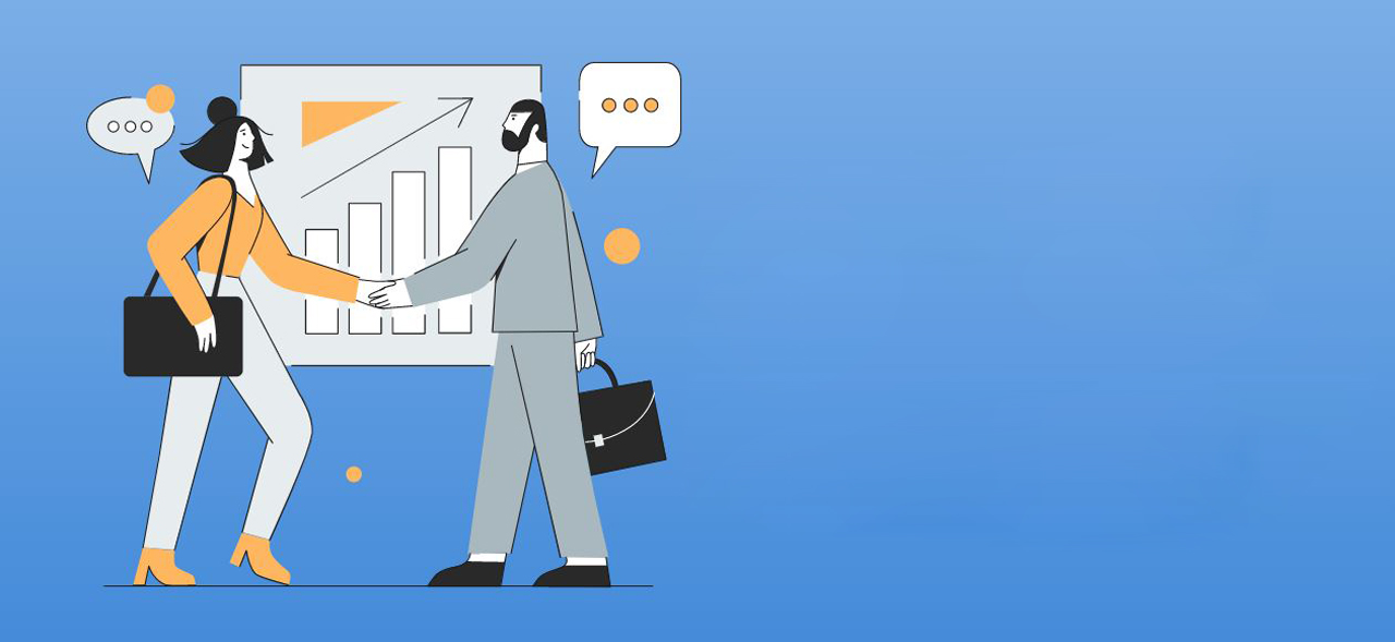 An animated picture of two persons are shaking hands against a backdrop of a chart.